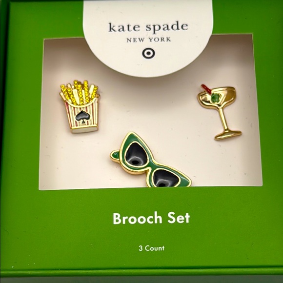 kate spade Jewelry - Kate Spade 3 piece Fries Martini Drink Sunglasses Black Green Gold Brooch Set